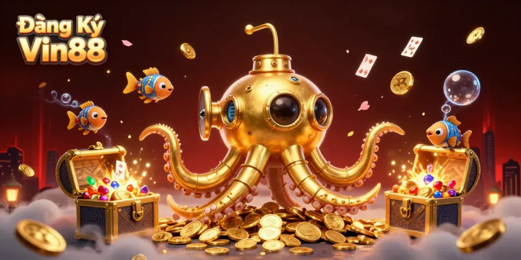Experience the thrill of Đăng Ký Vin88 with a vibrant casino scene featuring a golden kraken submarine and underwater treasures.
