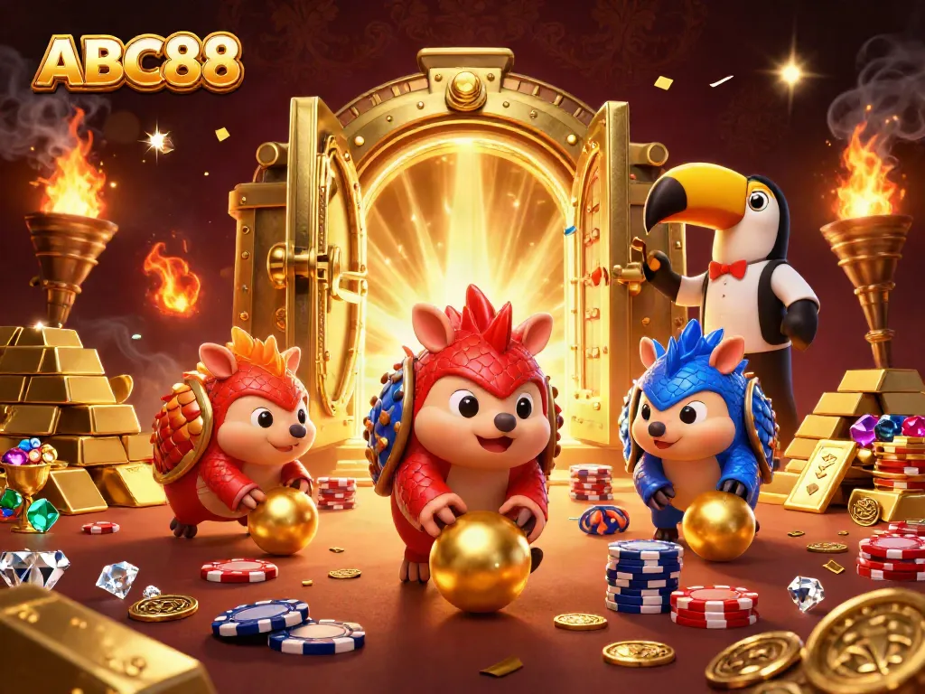 ABC88 pangolins engaging in dynamic casino action, rolling golden balls and poker chips.