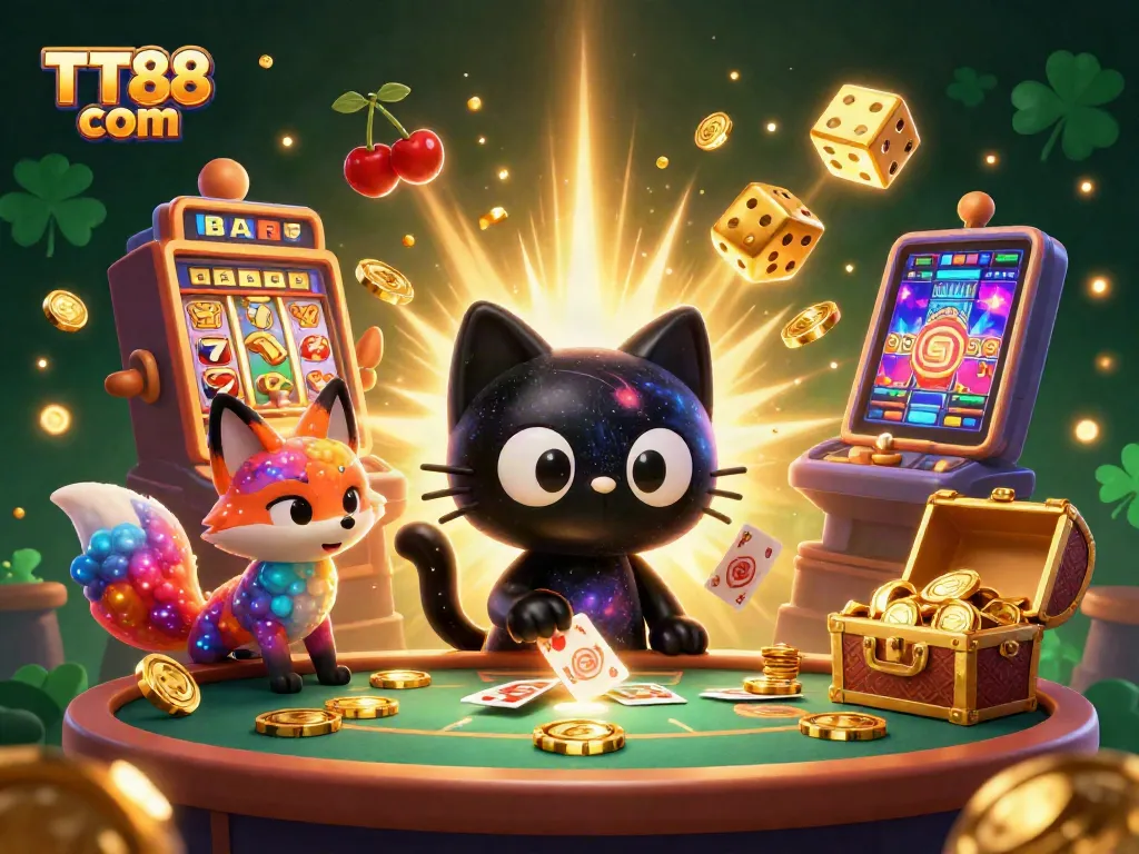 Experience dynamic winnings at TT88 com with this vibrant casino scene featuring a cosmic black hole cat and colorful game elements.