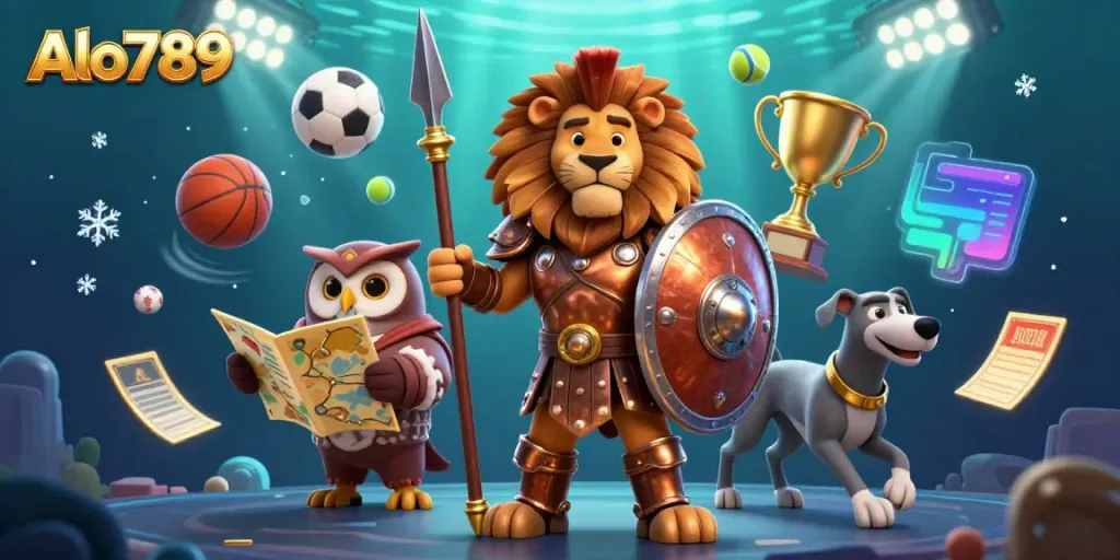 Alo789 delivers an exciting gaming experience featuring a Spartan lion amidst dynamic sports elements and bright visuals.