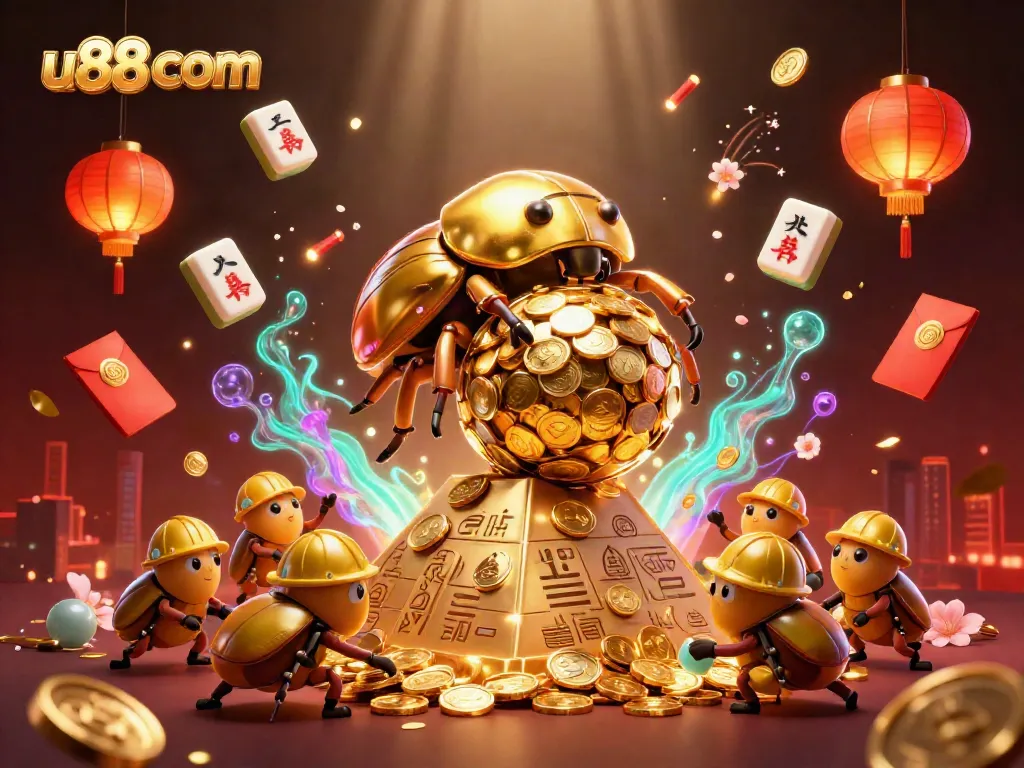 Experience thrilling gaming at u88 com with an extravagant golden beetle rolling coins amidst vibrant casino symbols.