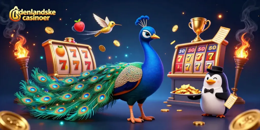 Engage with udenlandske casinoer through dynamic 3D illustration showcasing vibrant slot game elements.