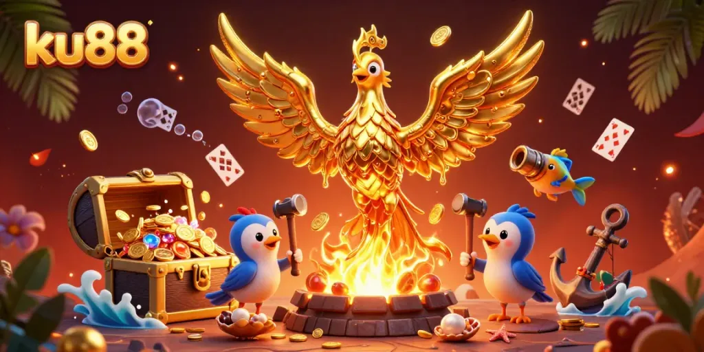 Engage with ku88, where gold flows from a phoenix amidst vibrant treasures and dynamic casino action.