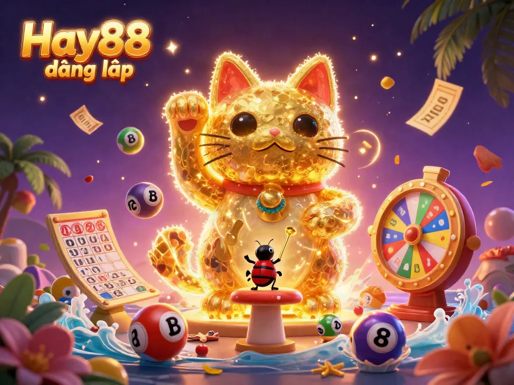Engage in gaming excitement with Hay88 đăng nhập, as colorful lottery balls and elements surround a lively lucky cat.