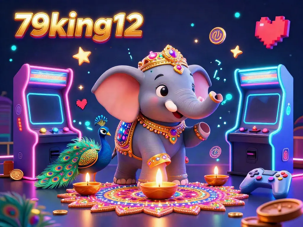 Experience the vibrant world of 79king12, featuring a colorful 3D Diwali-themed elephant amidst golden decorations in a lively casino setting.