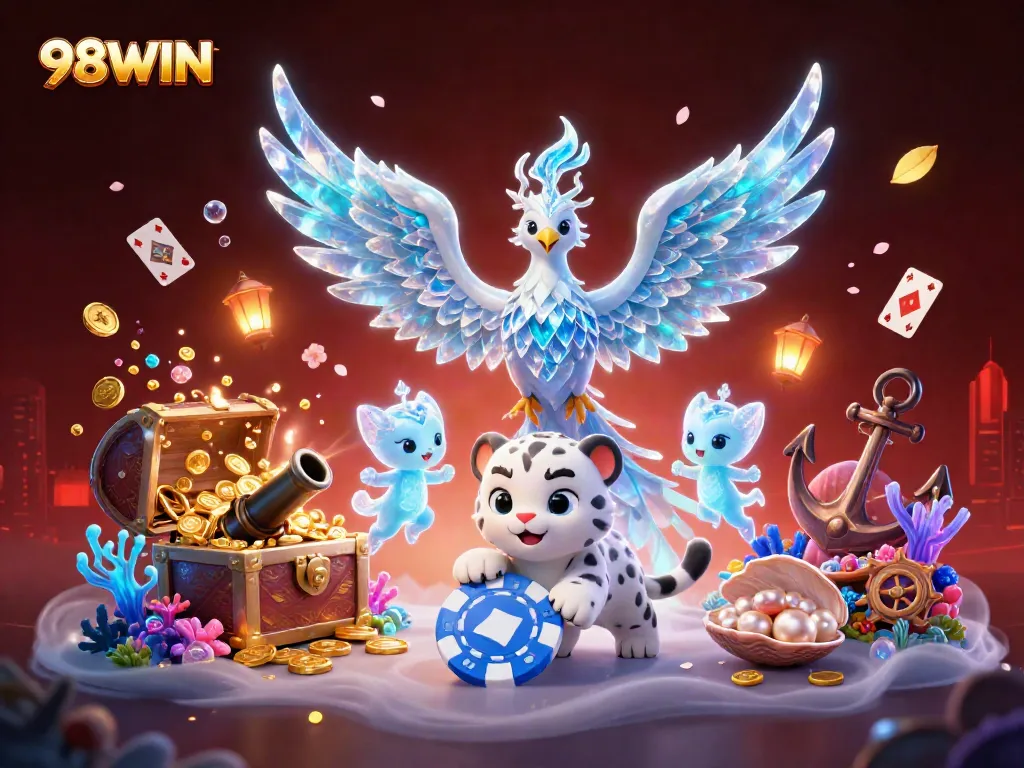 "98WIN offers an engaging gaming experience with an ice phoenix, colorful gems, and lively sprites."