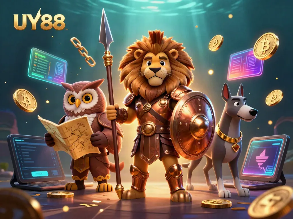 Engage with UY88's vibrant casino world featuring a heroic lion, owl, and greyhound.