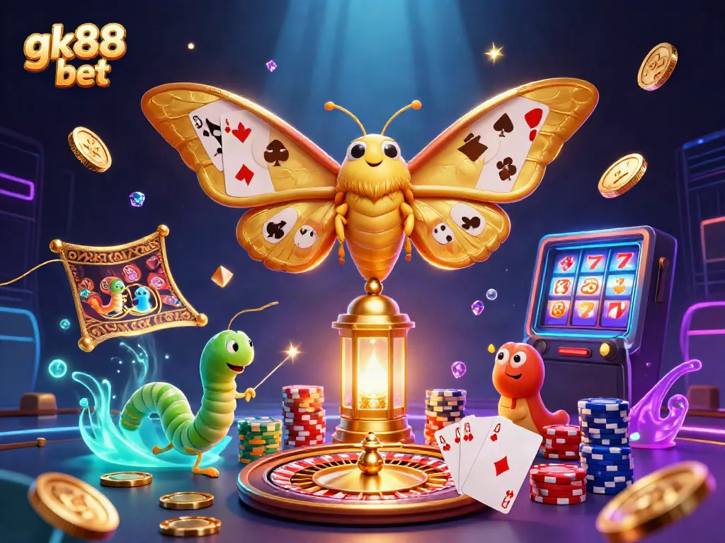 Experience the thrill of gk88 bet with vibrant casino scenes featuring a golden atlas moth and dynamic gaming elements.