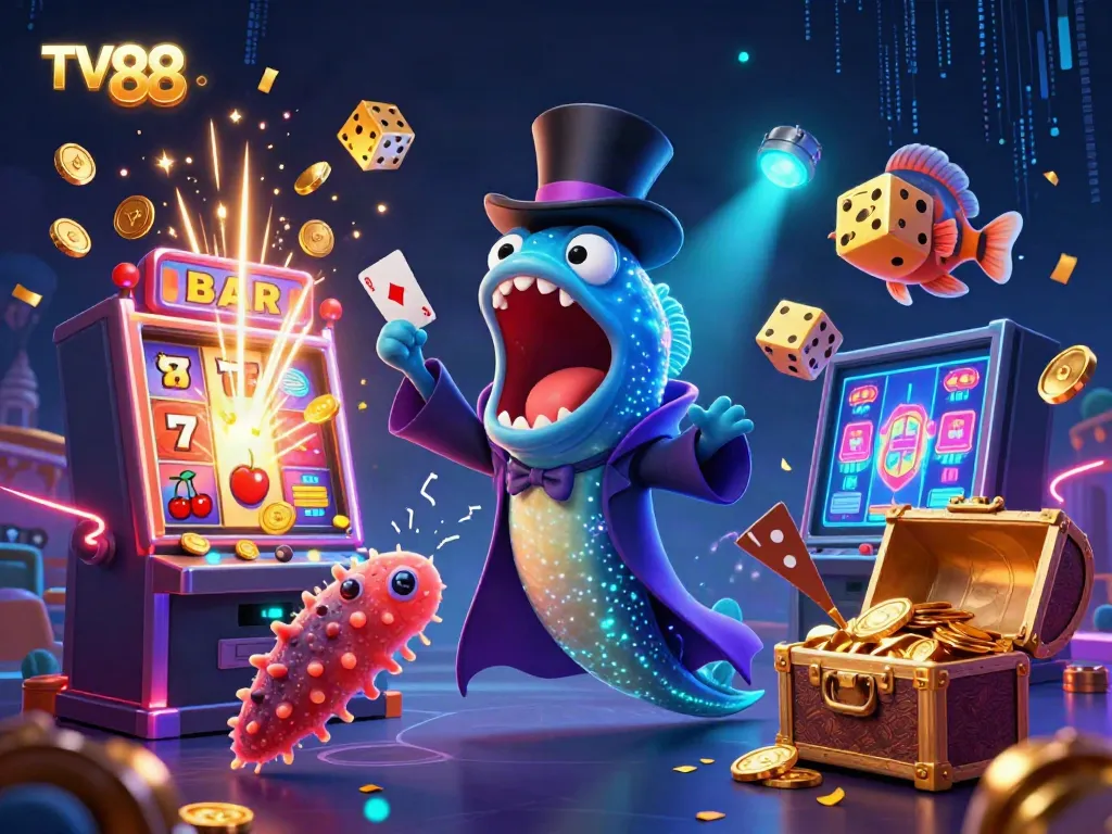 Experience thrilling gameplay with TV 88 featuring vibrant casino elements and cartoon characters performing magic tricks.