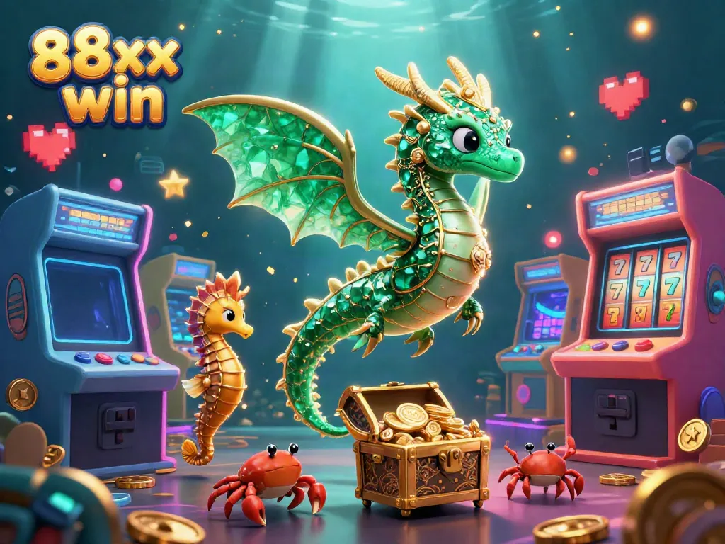 Experience thrilling adventures with the 88xx win sea dragon amidst a captivating casino arcade.