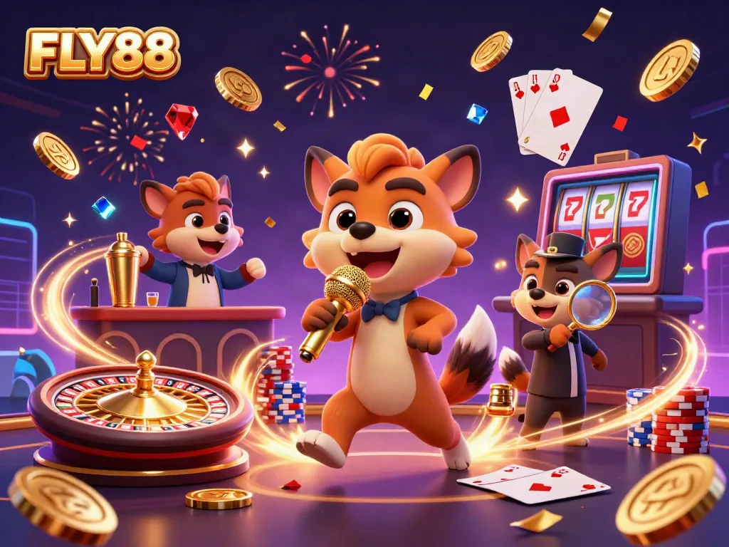 FLY88's comedy casino club scene showcasing hyenas, games, and golden treasures.