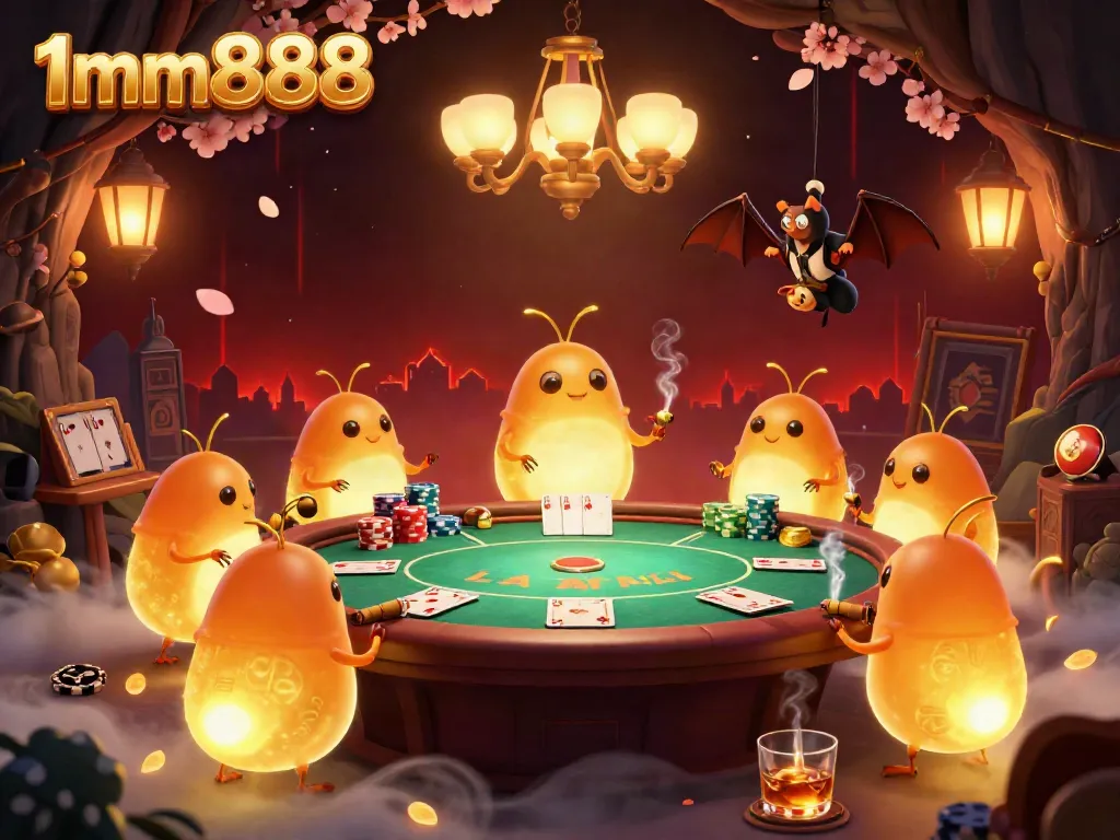 Engage with 1mm888's vibrant online casino world powered by glowworms lighting up a vibrant poker game.