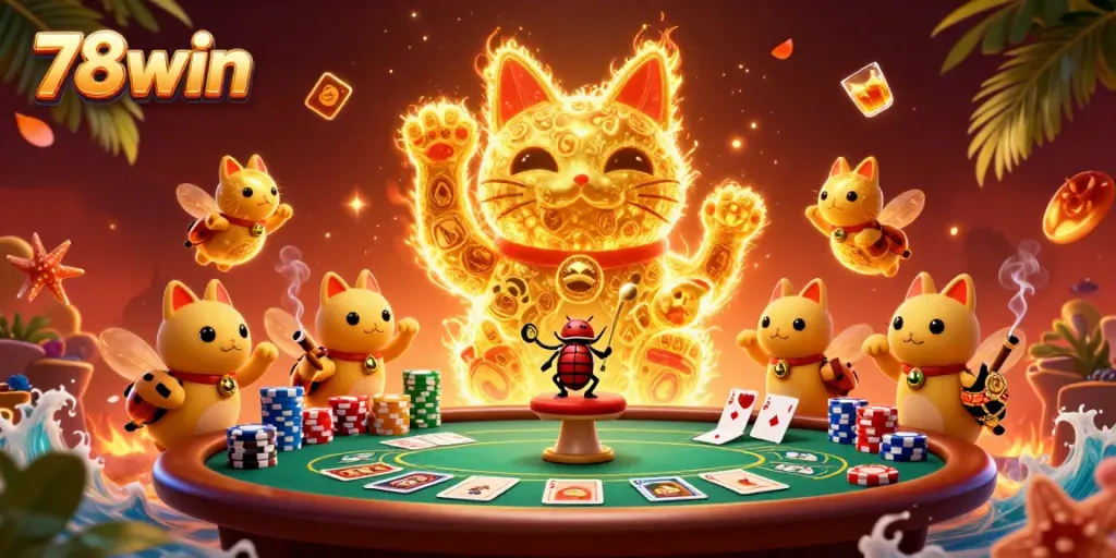 Experience thrilling gaming with 78win's vibrant lucky cat illustration, embodying casino energy.