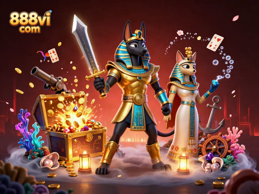 Gamble with excitement at 888vi com as Anubis and Bastet unveil casino treasures amidst glowing gems and floating cards.